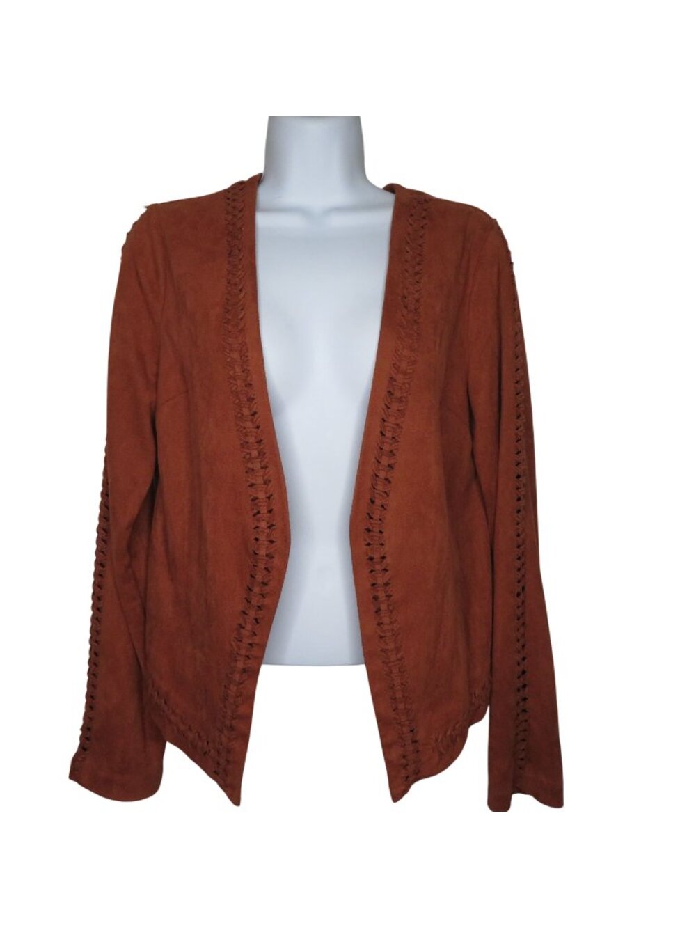 Gianni Bini Rust Faux Suede Open Front Jacket Intricate Braided Trim Long Sleeve